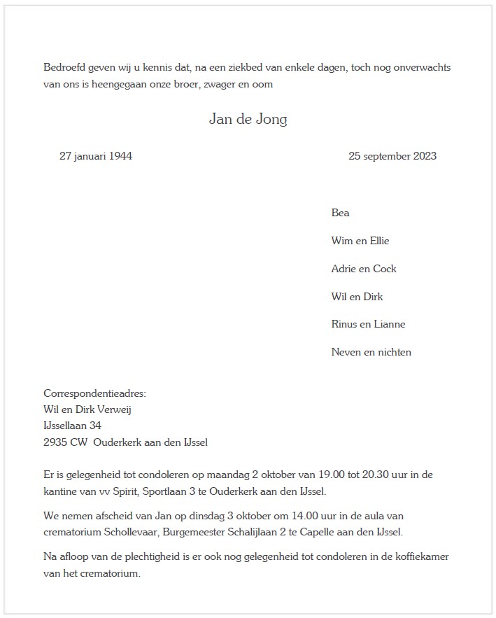 Condoleance Jan de Jong bij Spirit